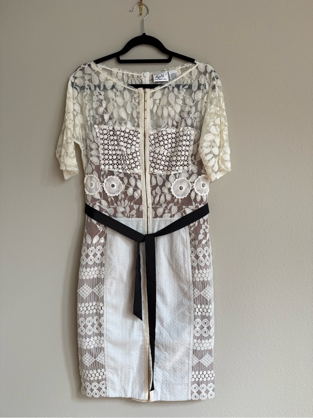 Beguile by Byron Lars Ivory Lace Mixed-Media Sheath Dress with Black Sash